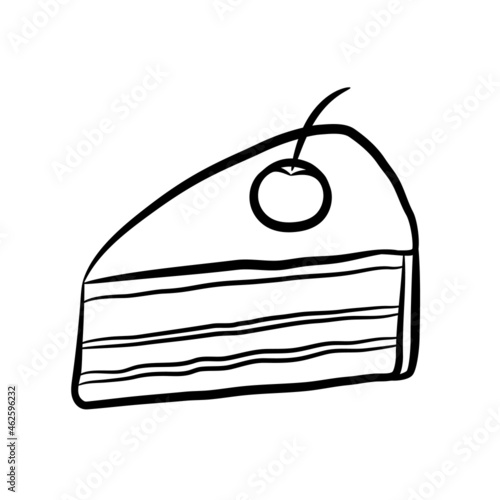 Simple hand drawn piece of cake isolated on white background. Piece of cake with cherries. Doodle style. Vector illustration.