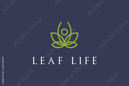 Simple Minimalist Human Yoga with Lotus or Cannabis Marijuana Leaf Logo Design Vector