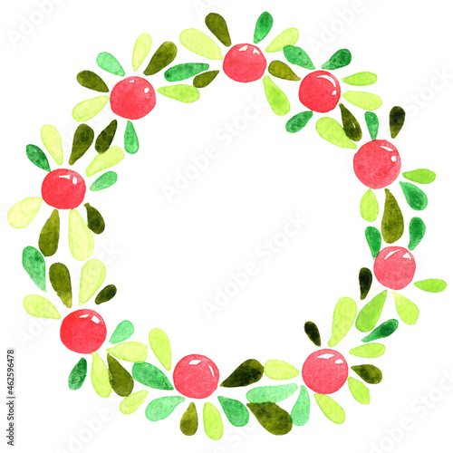 Green leaves with Christmas ball watercolor wreath for decoration on Christmas holiday and New year's eve.