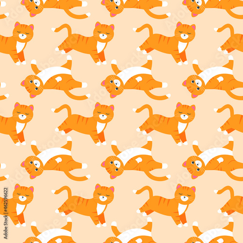Fototapeta Naklejka Na Ścianę i Meble -  This is a seamless pattern with cats on a light background. Wrapping paper.
