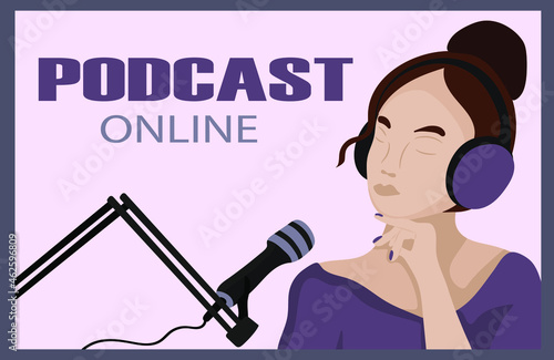 Promo banner for Podcast, Streaming, Online show, blogging, radio broadcasting. Microphone and woman with headphones. Vector illustration for poster, banner, advertising.