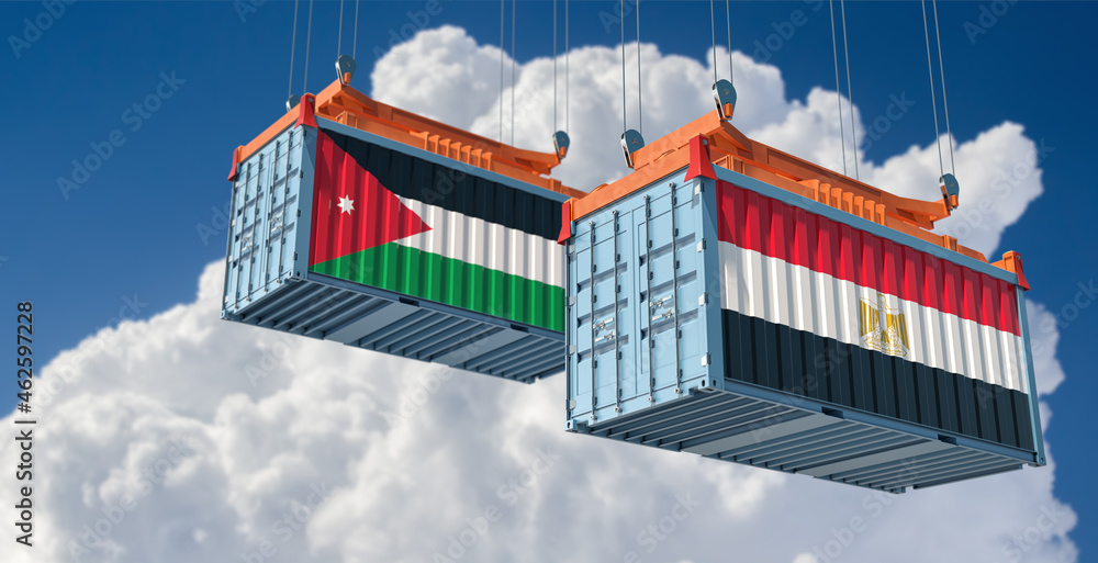 Freight containers with Egypt and Jordan national flags. 3D Rendering 