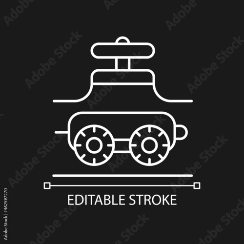 Pipe-inspecting robots white linear icon for dark theme. Robotic crawler. Pipeline inspection. Thin line customizable illustration. Isolated vector contour symbol for night mode. Editable stroke