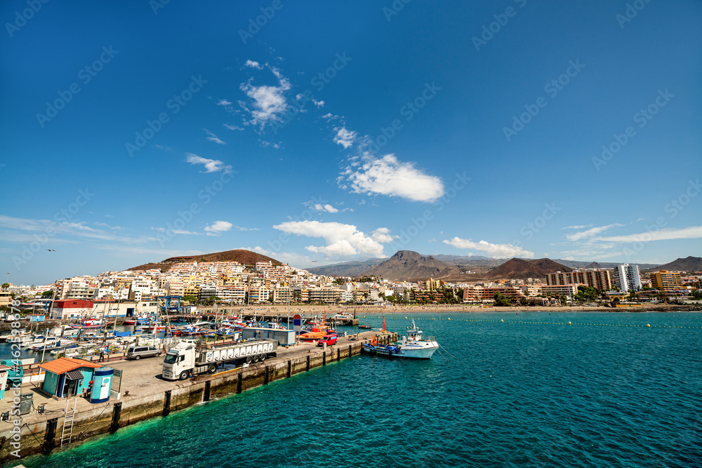 Los Cristianos city on the island Tenerife from a ship. Canary Islands.