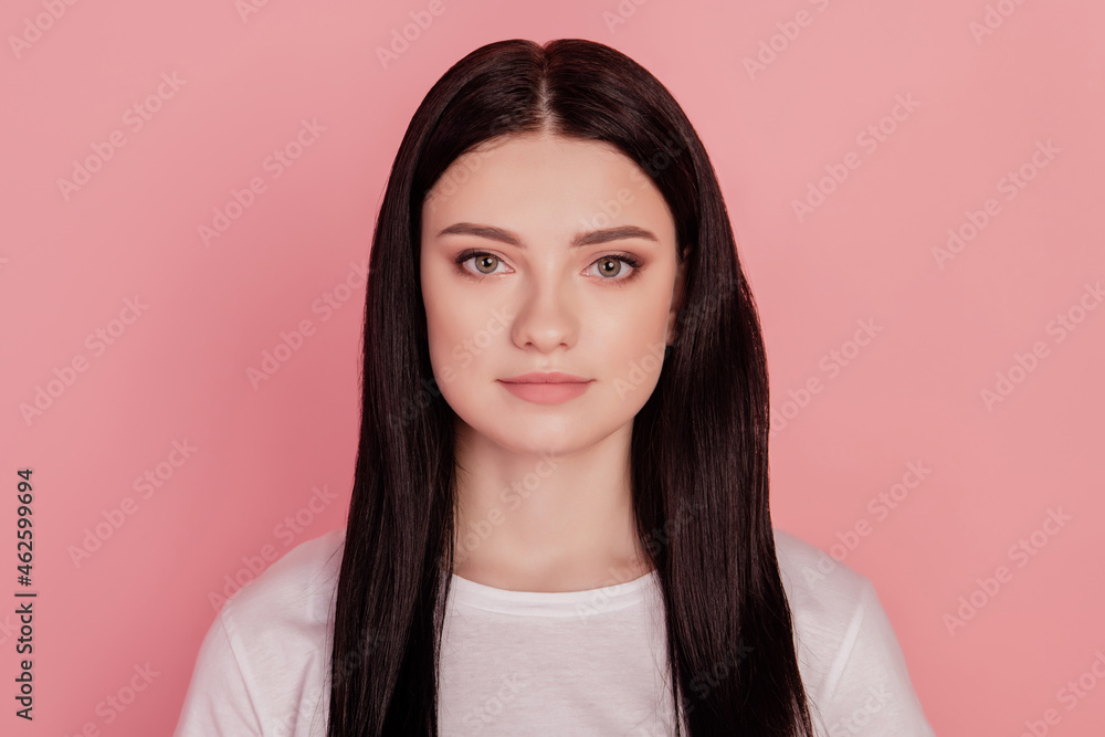 Fototapeta premium Photo of charming pretty cute nice lady look camera isolated on pink color background