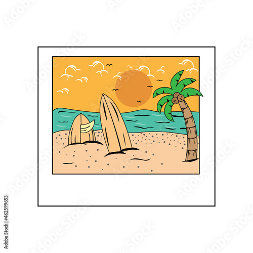 flat illustration of summer Photo, beach, and palm used for print