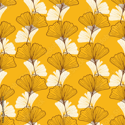 Vertical Ginkgo Leaves in Yellow Vector Seamless Pattern