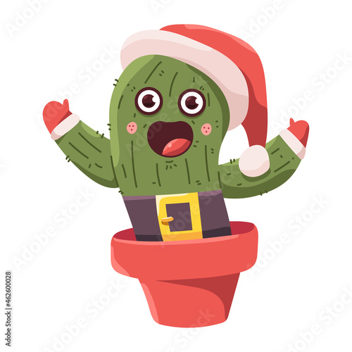 Cute cactus in pot in Santa Claus costume celebrating Christmas vector cartoon character isolated on a white background.