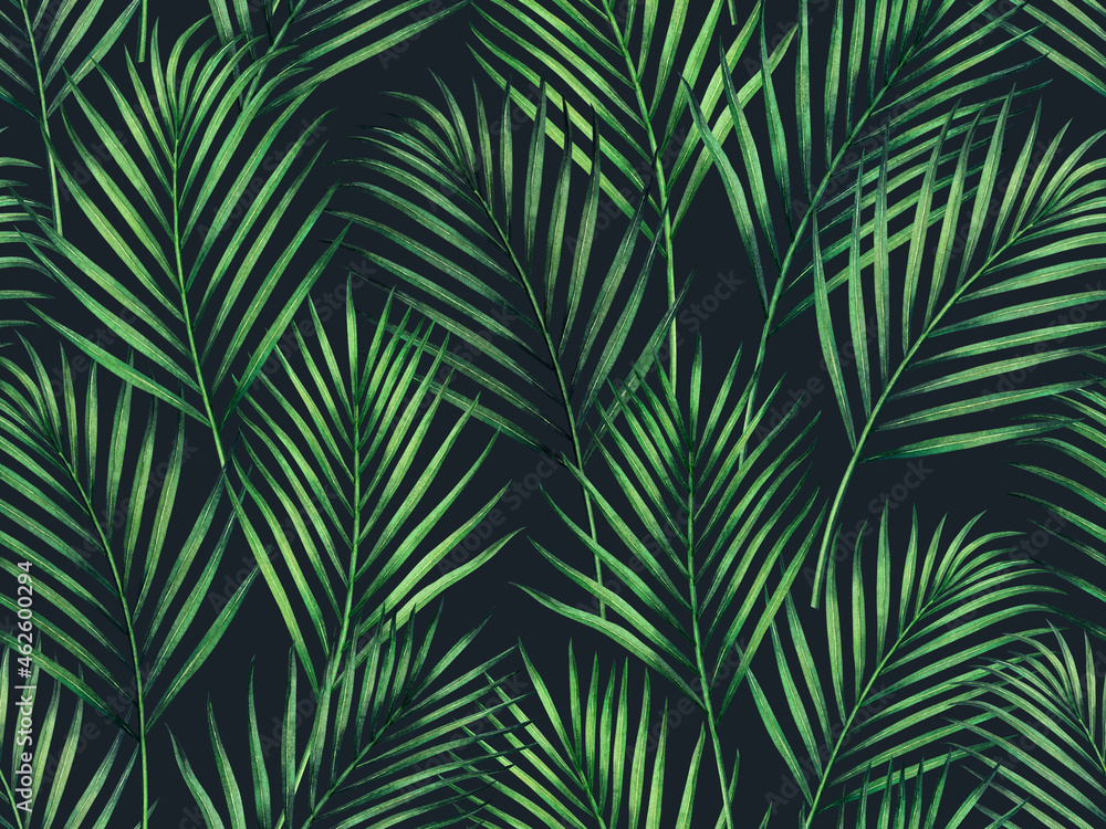 Watercolor painting coconut,palm leaves seamless pattern on dark background.Watercolor hand drawn illustration tropical exotic leaf prints for wallpaper,textile Hawaii aloha jungle pattern..