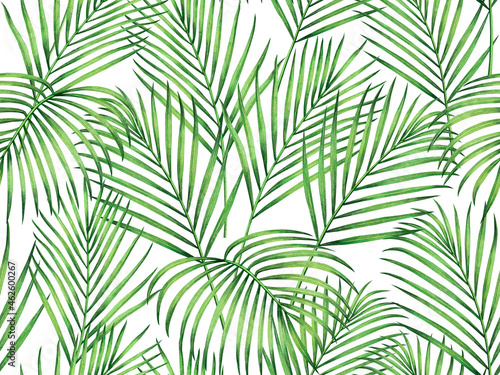 Watercolor painting coconut,palm leaves seamless pattern on white background.Watercolor hand drawn illustration tropical exotic leaf prints for wallpaper,textile Hawaii aloha jungle pattern.
