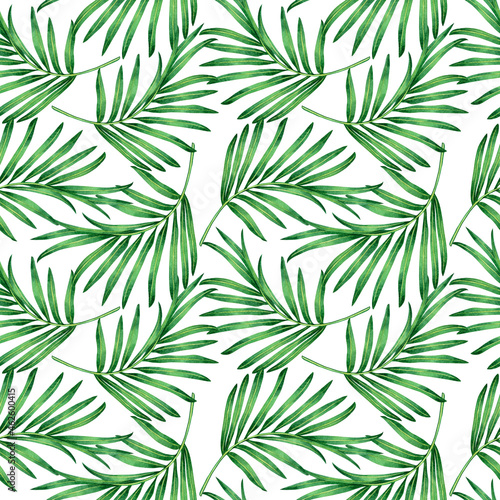 Watercolor painting green leaves seamless pattern on white background.Watercolor hand drawn illustration tropical exotic leaf prints for wallpaper,textile Hawaii aloha jungle pattern.