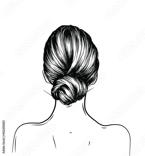Woman with stylish classic bun. Illustration of business hairstyle with natural long hair. Hand-drawn idea for gretting card, poster, flyers, web, print for t-shirt.