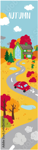 autumn landscape, house against the sky, road home by car
