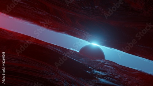 Panorama of Mars at sunset, sunrise above the surface of Mars, Martian landscape. Fantasy cosmic landscape. 3d rendering