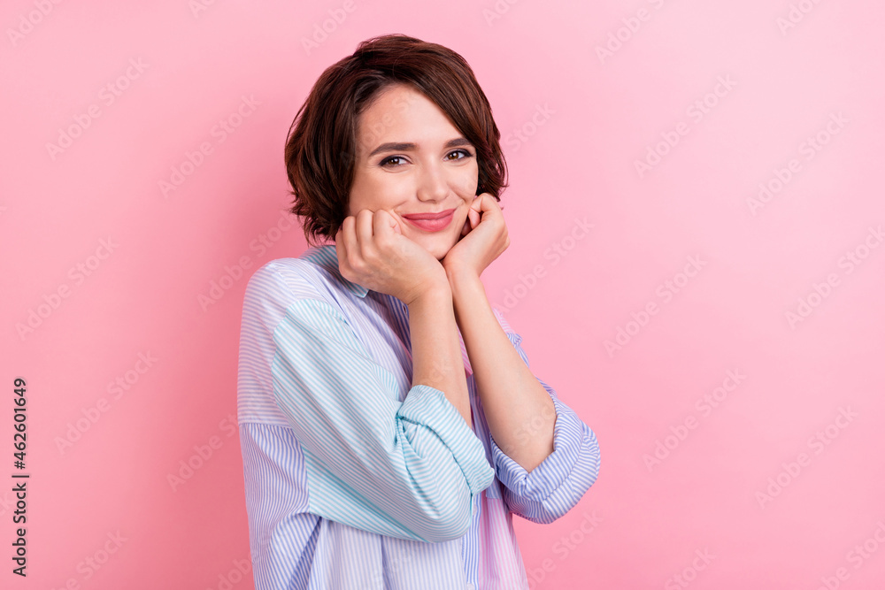 Profile side photo of young attractive woman happy positive smile hands touch chin dream calm isolated over pink color background Profile side photo of young attractive woman happy positive smile hands touch chin dream calm isolated over pink color background
