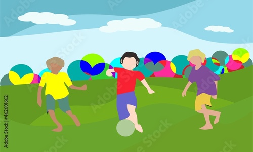 vector illustration of children playing soccer on the village field, abstract design suitable for room decoration, web banner, business presentation, branding package, fabric print, wallpaper, etc.