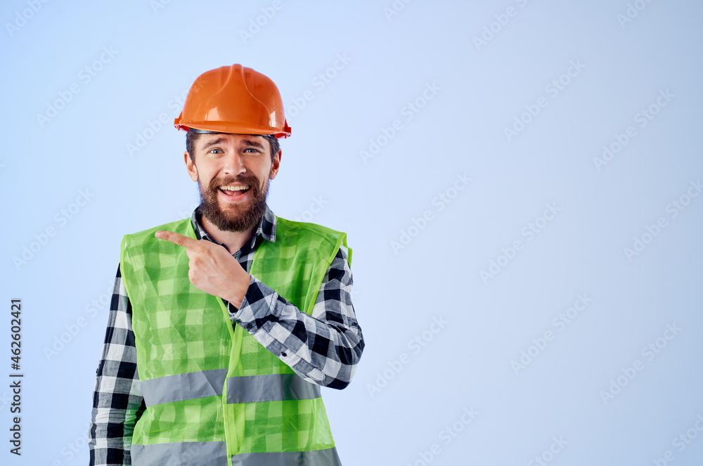 emotional man green vest orange helmet workflow hand gestures isolated background