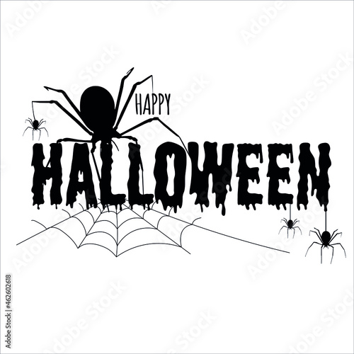 happy halloween text banner, post card, print on t-shirt. Vector illustrator with web and spider