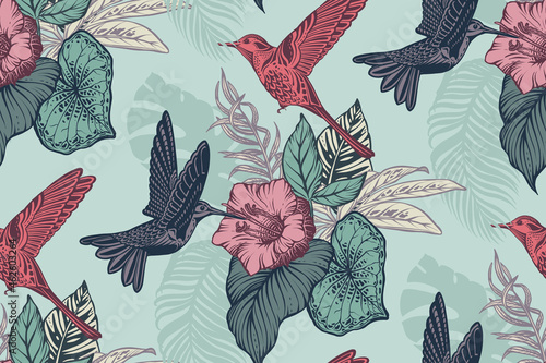 Beautiful seamless pattern with tropical flowers, hummingbird, jungle palm, monstera, exotic leaves.