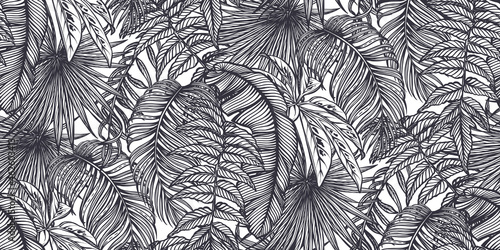 Beautiful seamless pattern with tropical jungle palm, monstera, banana leaves.