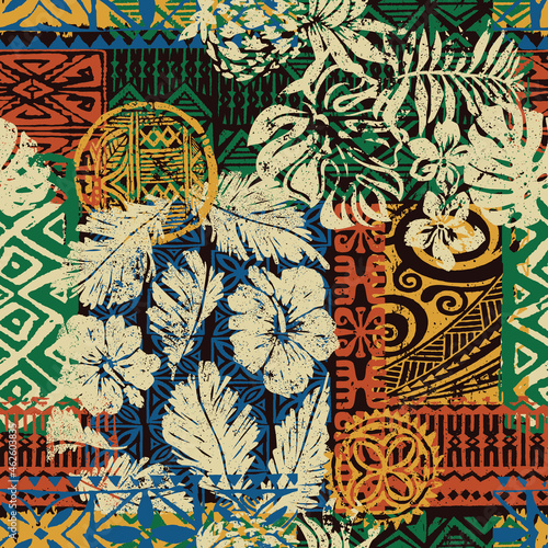 Hawaiian tribal elements and hibiscus fabric patchwork abstract vintage vector seamless pattern 