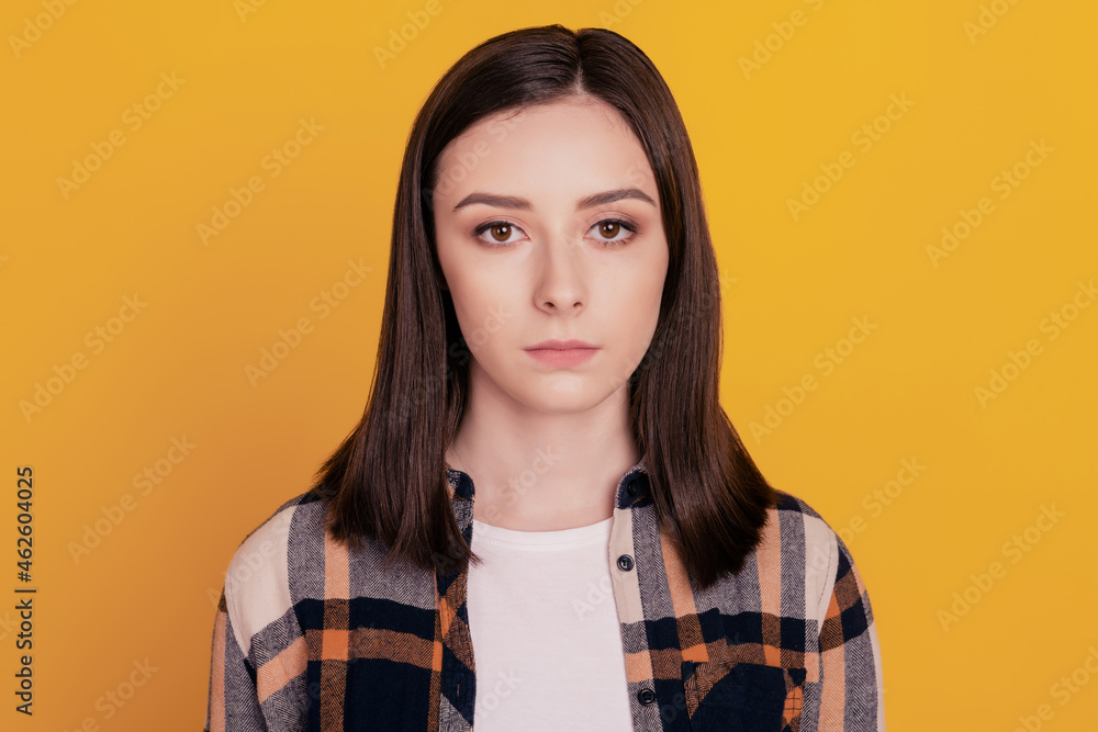 Charming nice cute worker lady look camera calm face brunette hairdo Charming nice cute worker lady look camera calm face brunette hairdo