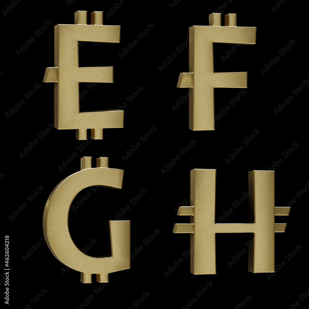 Obraz premium Golden metal Bitcoin alphabet - letters E-H