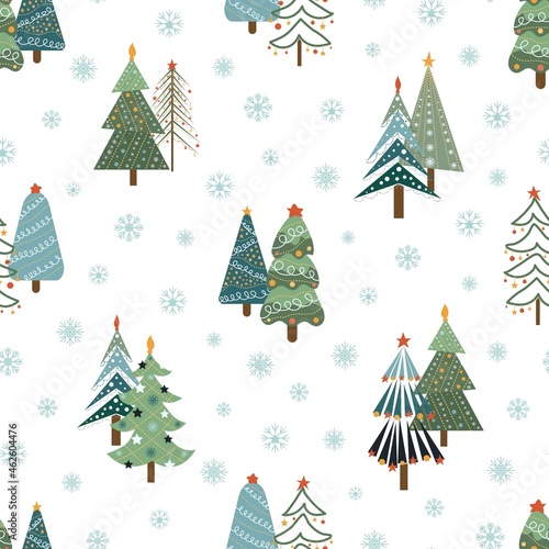 Christmas trees and Christmas tree decorations. New Years design of fabric, packaging, gift paper. Seamless pattern.