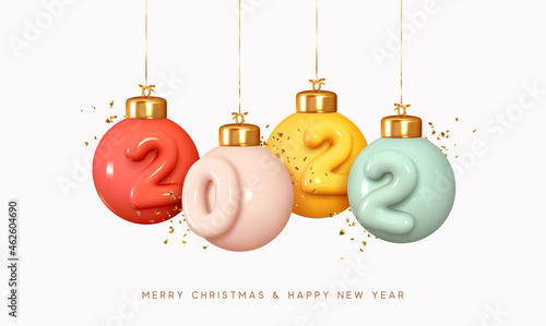 Happy New Year 2022. Decorative Christmas bauble balls with realistic 3d numbers. Gold glitter confetti in design. Xmas Poster, banner, cover card, brochure, flyer, layout design. Vector illustration