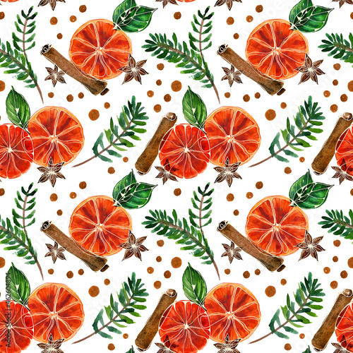 Christmas watercolor seamless pattern with ale and oranges