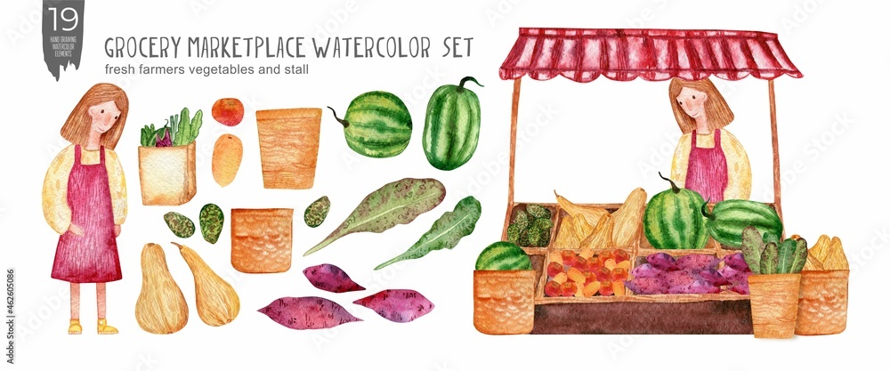 Handdrawn grocery marketplace watercolor  set, fresh farmers vegetables stall