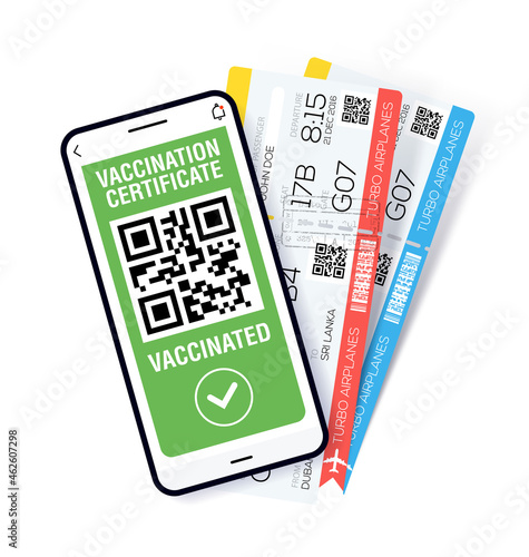 Covid-19 immune passport app. International Digital vaccine certificate for free movement and travel. Smartphone with Qr code test result and boarding tickets.