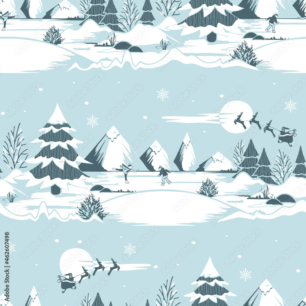 Seamless vector pattern with Christmas landscape on grey background. Winter fun wallpaper design. Decorative ice skating silhouette fashion textile.