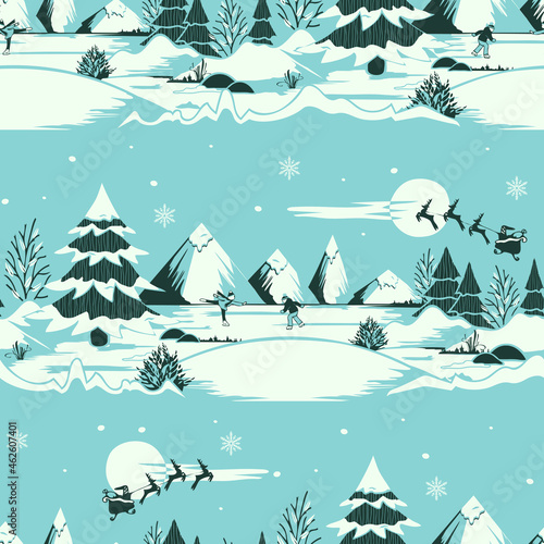 Seamless vector pattern with winter landscape on blue background. Christmas magic wallpaper design. Decorative ice skating fashion textile.