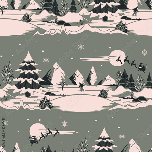 Seamless vector pattern with winter  landscape on brown background. Christmas fun wallpaper design. Decorative festive ice skating fashion textile.