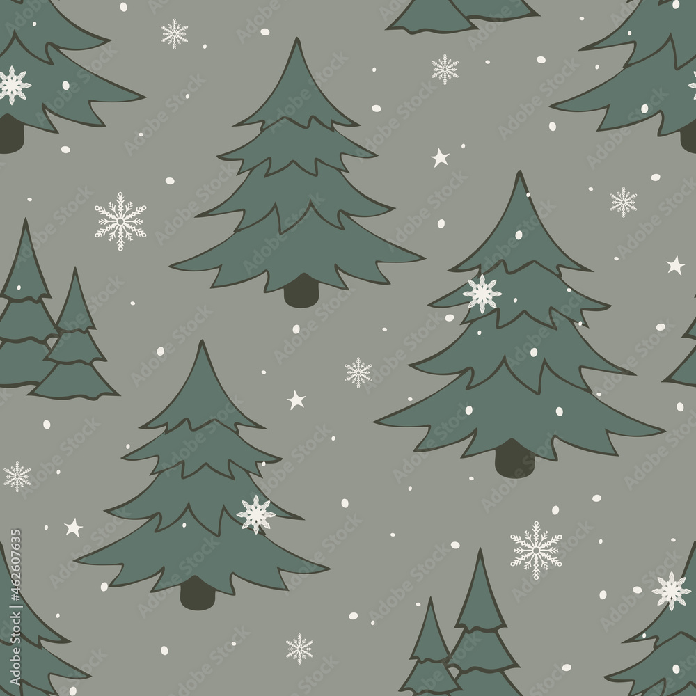 Seamless vector pattern with winter forest on beige background. Seasonal landscape wallpaper design. Decorative festive fashion textile.