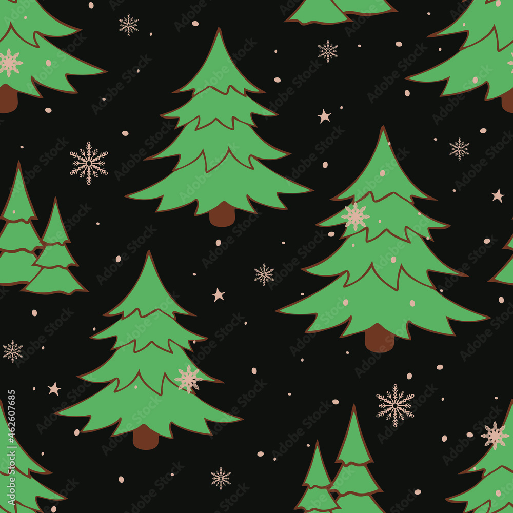 Seamless vector pattern with winter forest on black background. Festive landscape wallpaper design. Decorative Christmas fashion textile.