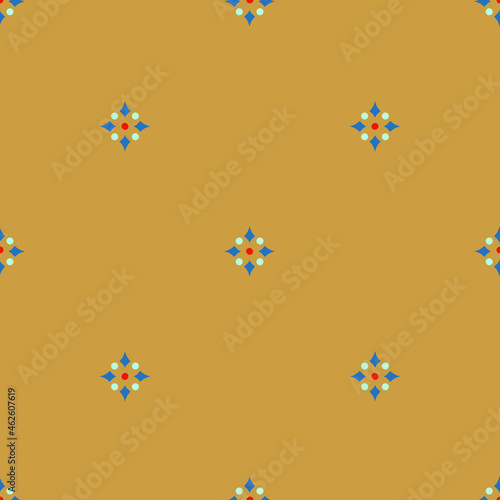 Seamless vector pattern with simple geometrical flower on yellow background. Vintage floral mosaic tile. Decorative wallpaper design.