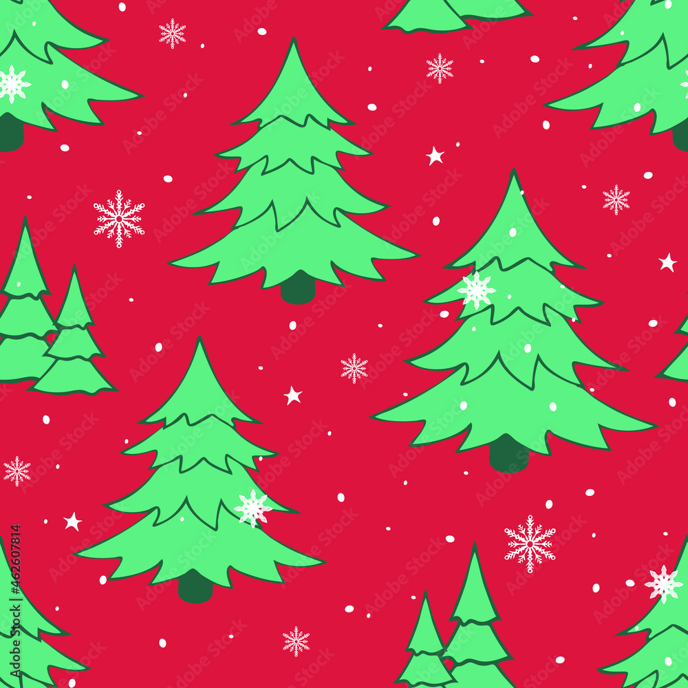 Seamless vector pattern with Christmas tree on red background. Simple winter forest wallpaper design. Decorative seasonal fashion textile.