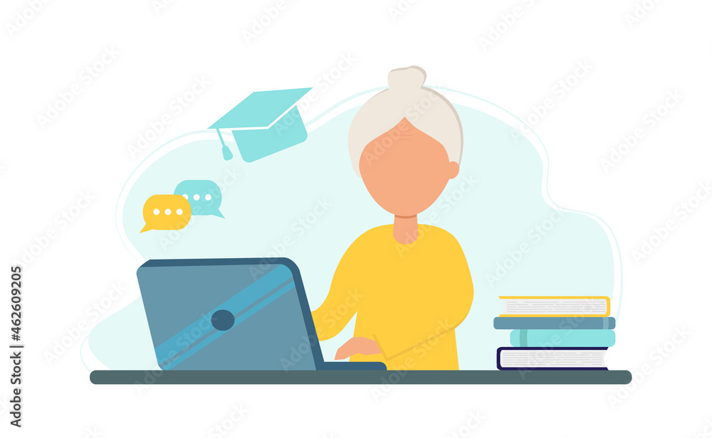 An elderly woman studying with laptop and books. Online education concept. Stay at home. Self-isolation. Vector illustration in flat style. An elderly woman studying with laptop and books. Online education concept. Stay at home. Self-isolation. Vector illustration in flat style.
