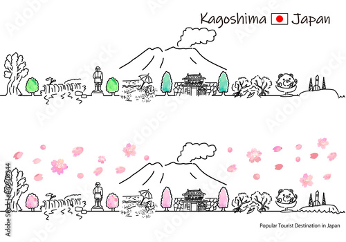 春の鹿児島県の観光地の街並みシンプル線画セット