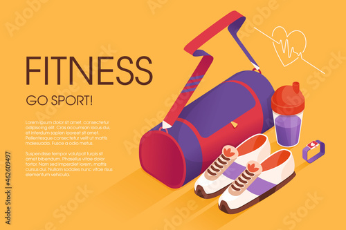 Fitness bag, training sneakers, sports shaker, and workout watch illustration in vivid isometric style.