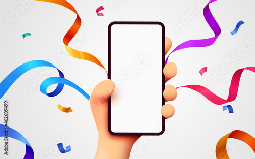 Cute 3D cartoon hand holding mobile smart phone with celebratory confetti flying around. Winner concept. Modern mockup.