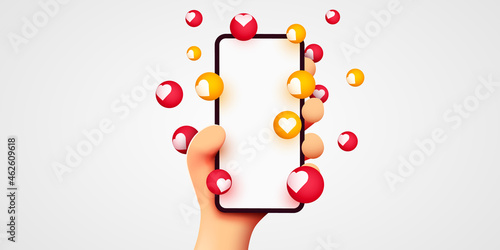 Cute 3D cartoon hand holding mobile smartphone with Likes notification icons on white background. Social media and marketing concept.