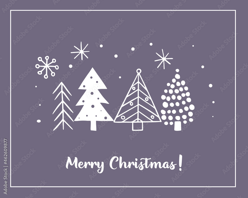 Christmas greeting cards made of handdrawn stylized Christmas trees. Scandinavian style doodle elements. Vector template for a poster or invitation