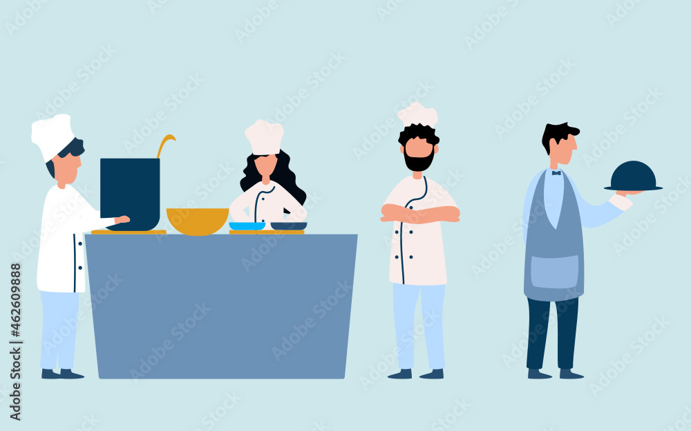 Flat chef and waiter. chef cooking in Restaurant kitchen with culinary staff Flat chef and waiter. chef cooking in Restaurant kitchen with culinary staff
