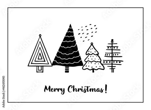 Christmas greeting cards made of handdrawn stylized Christmas trees. Scandinavian style doodle elements. Vector template for a poster or invitation