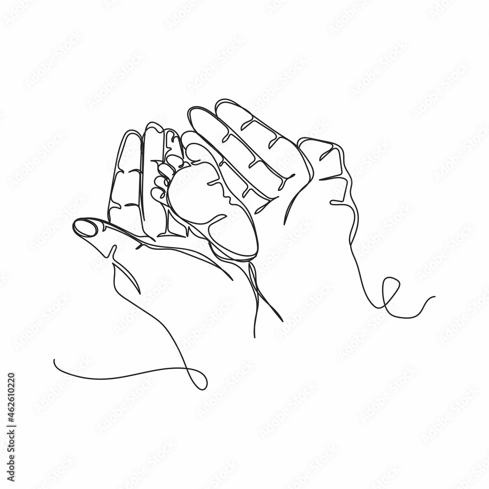 Continuous one line drawing of mothers day concept hands mom with tiny baby leg love concept in silhouette on a white background. Linear stylized. Continuous one line drawing of mothers day concept hands mom with tiny baby leg love concept in silhouette on a white background. Linear stylized.