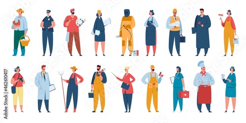 Professional workers in uniform, men and women with various occupations. Engineer, nurse, chef, policewoman, builder, farmer vector set. Career characters with different employment