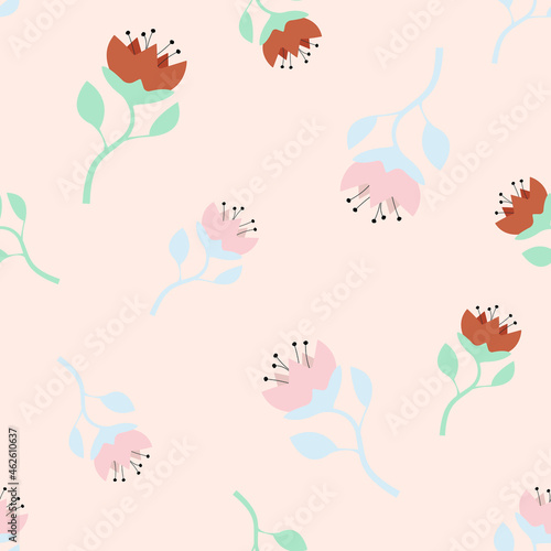 Vintage bells seamless pattern. Elegant flower in the doodle style. Botanical vector illustration. Cartoon flowers on a beige background.